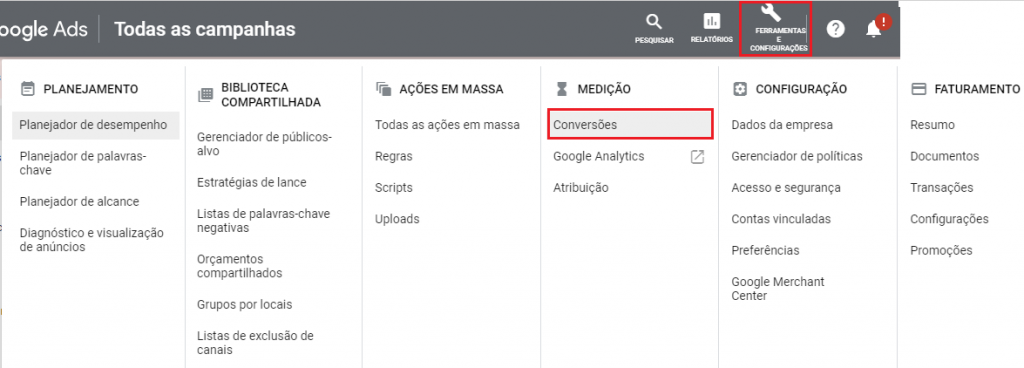 Criar Anuncio Google ADS - Ferramentas Conversões